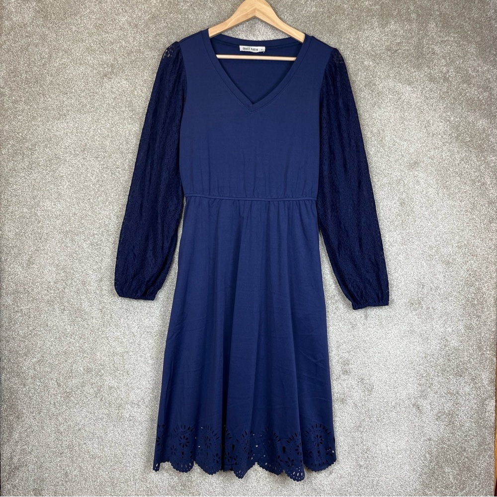 Grace Karin Dress Womens Small Blue Lace Sleeve Pullover Stretch- 1228*